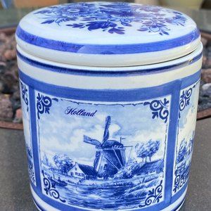 Delft Blauw Hand Painted Ceramic Jar Blue White Holland Windmills With Lid VTG